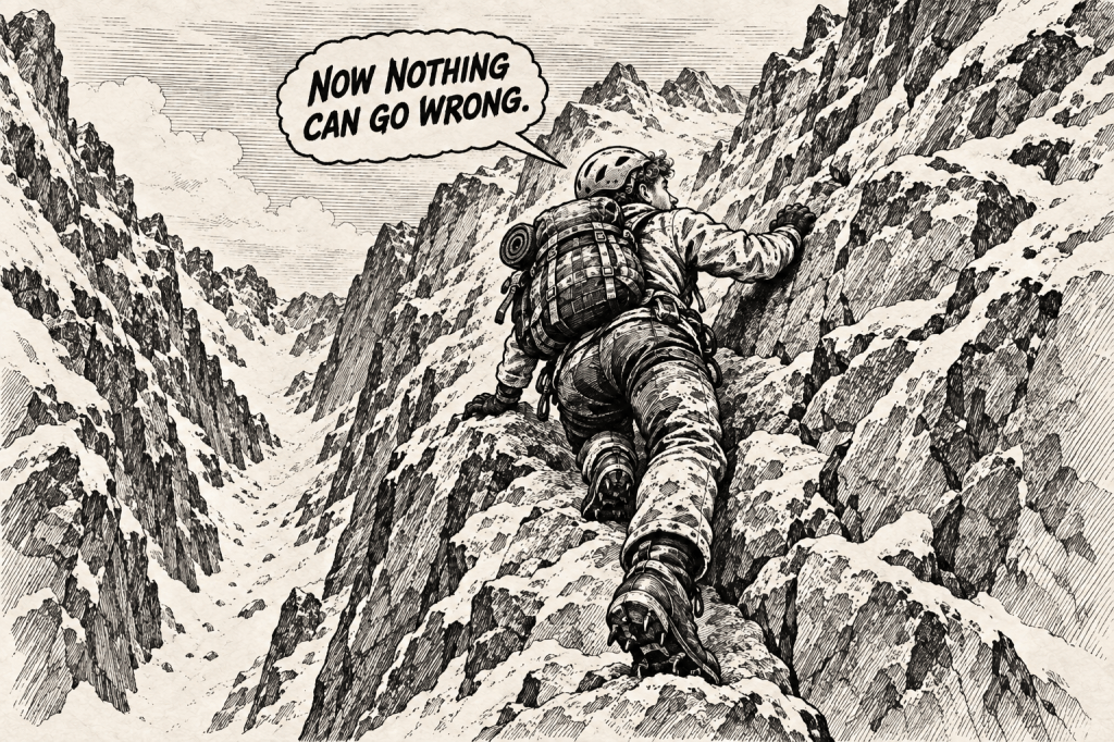 Comic illustration of a climber ascending the steep rocks above the Grand Couloir