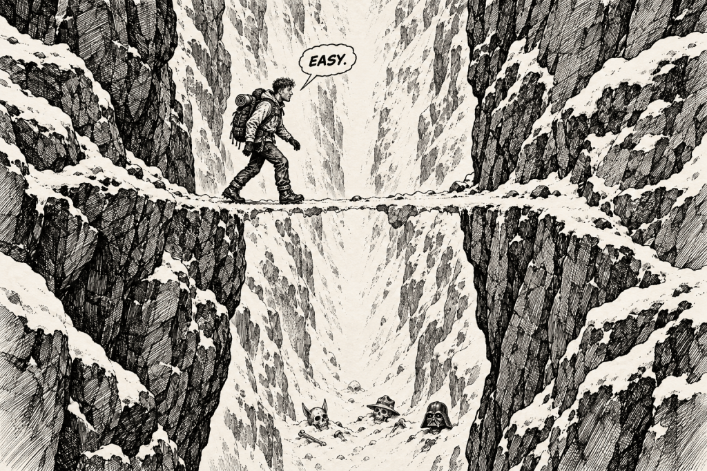 Illustration of a climber crossing the exposed Grand Couloir beneath falling rocks