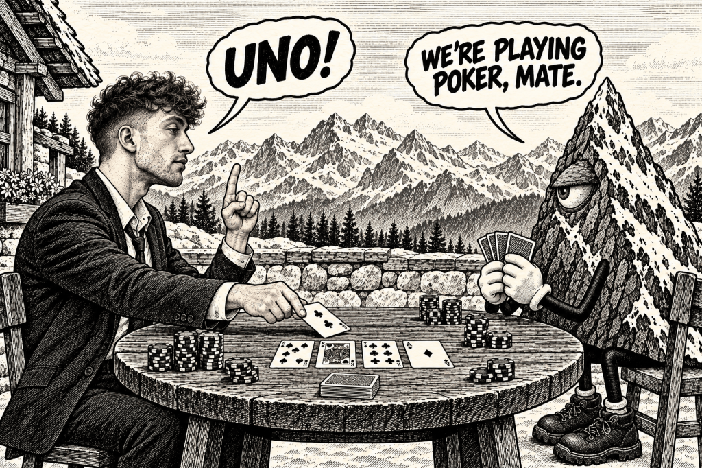 Comic illustration of a climber playing poker against a mountain