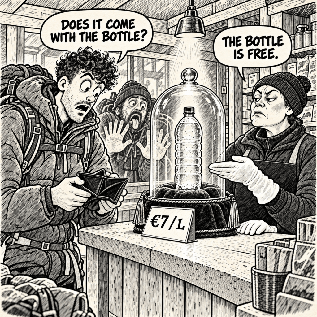 Comic illustration of a climber buying an expensive bottle of water at a mountain refuge