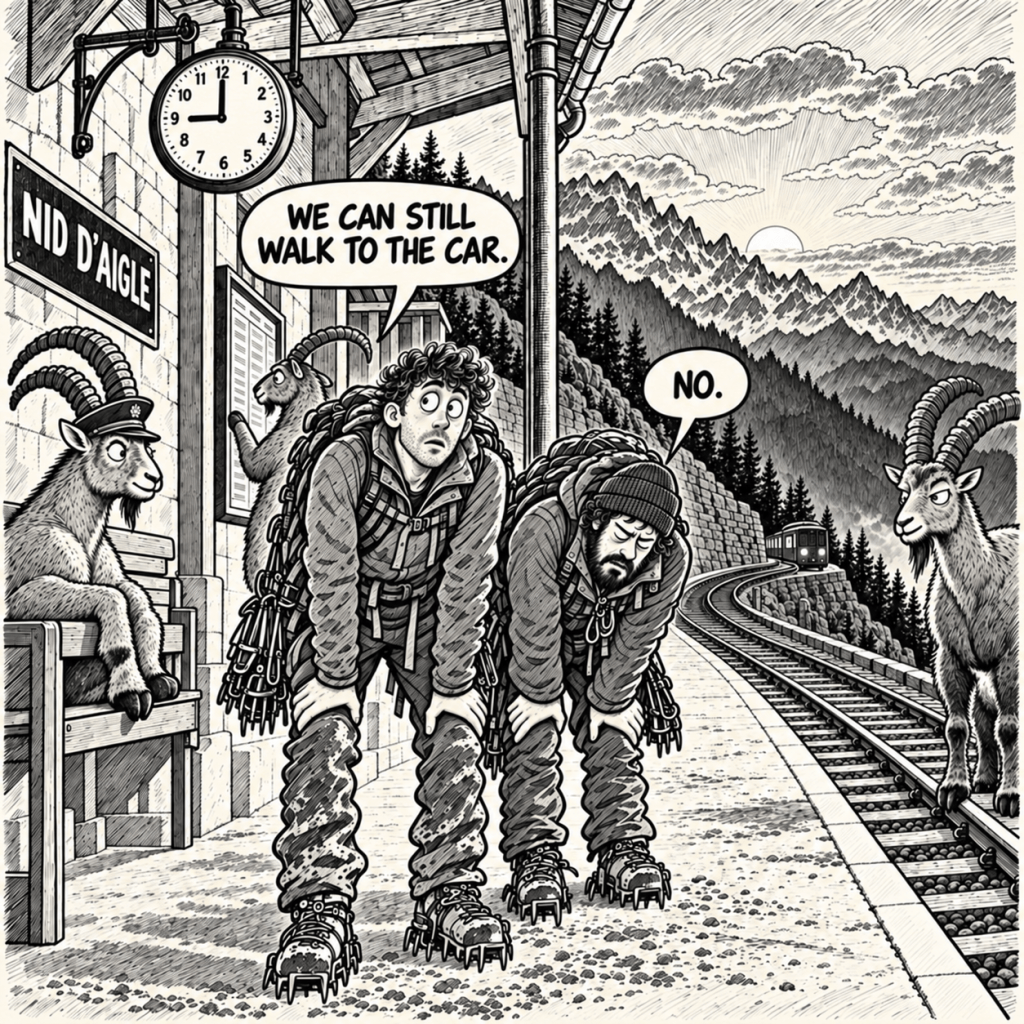 Comic illustration of exhausted climbers waiting for the tram at Nid d’Aigle