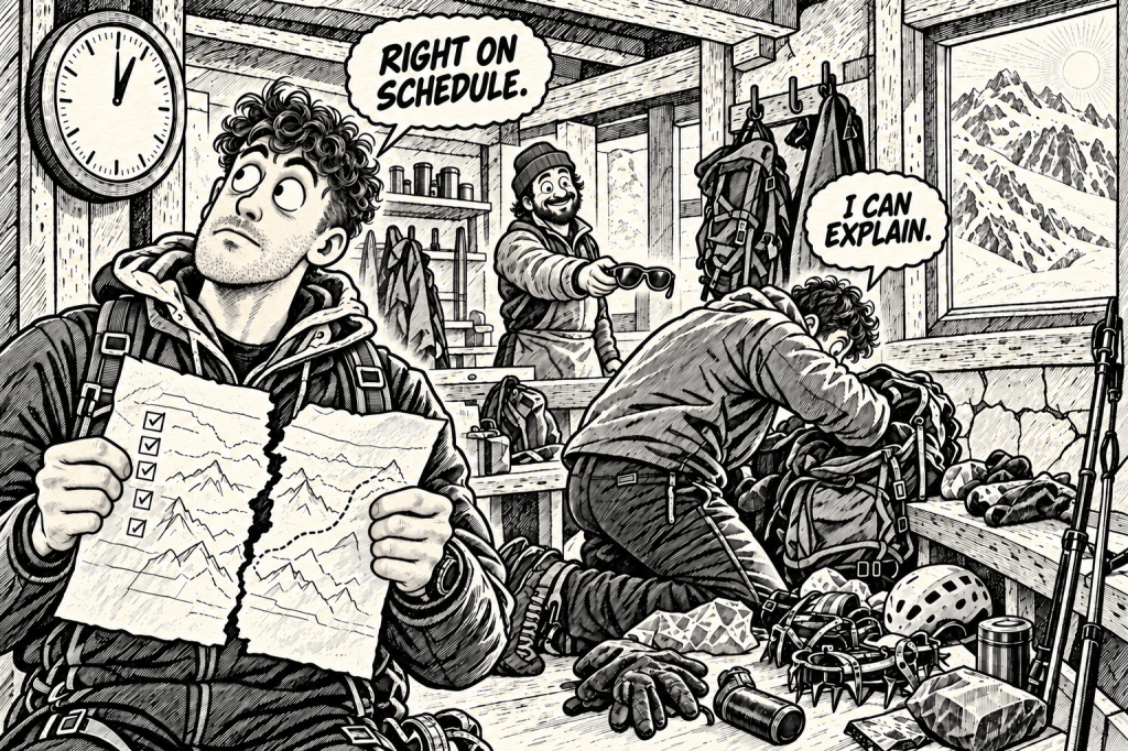 Comic illustration of climbers searching through their gear before leaving the refuge