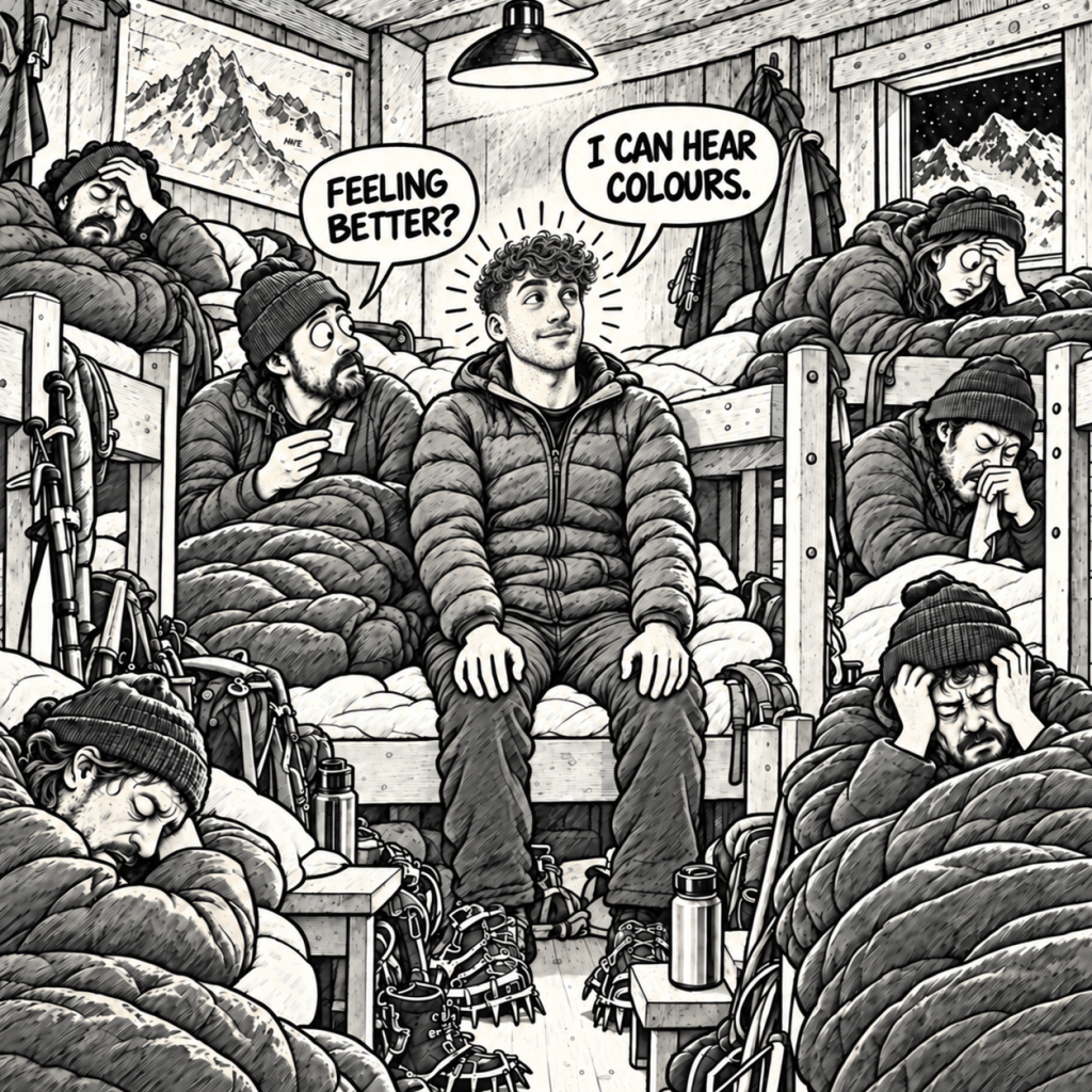Comic illustration of exhausted climbers resting together inside the Goûter refuge