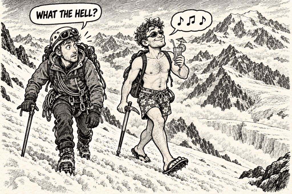 Comic illustration contrasting a fully equipped climber with one dressed for the beach