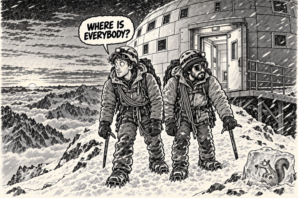 Comic illustration of two climbers standing outside the Goûter refuge in the snow