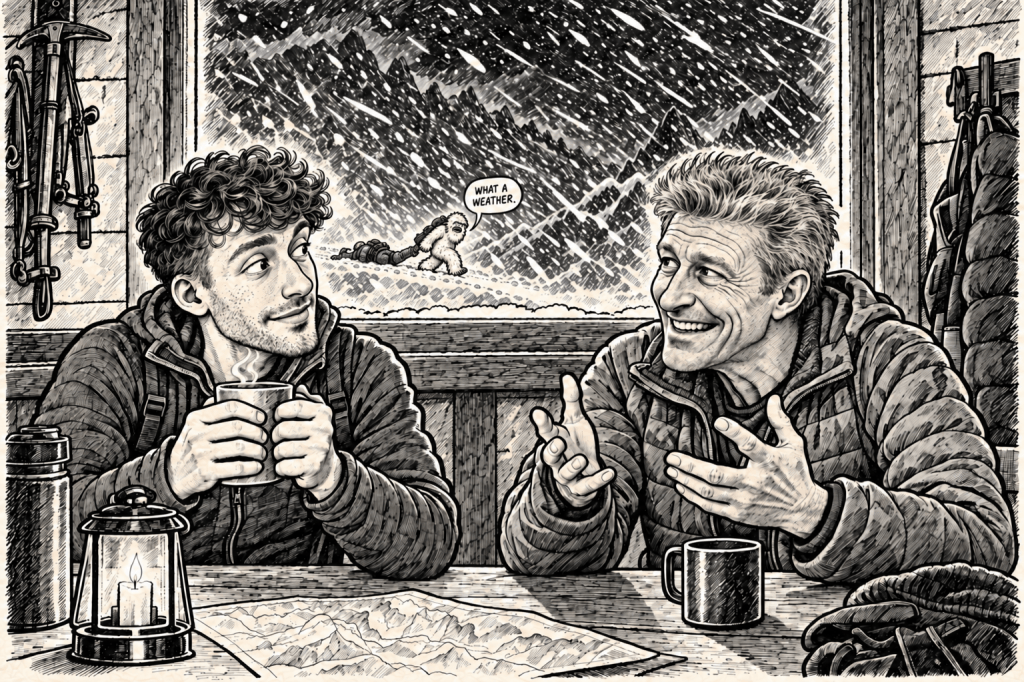 Comic illustration of two climbers talking over hot drinks inside the refuge