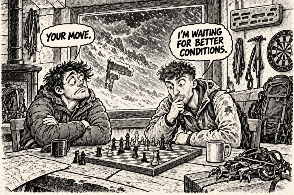Comic illustration of two climbers playing chess inside the Goûter refuge