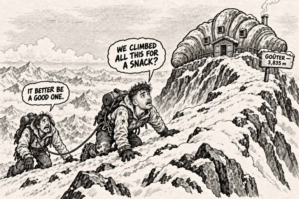 Comic illustration of climbers approaching the Goûter refuge along a snowy ridge