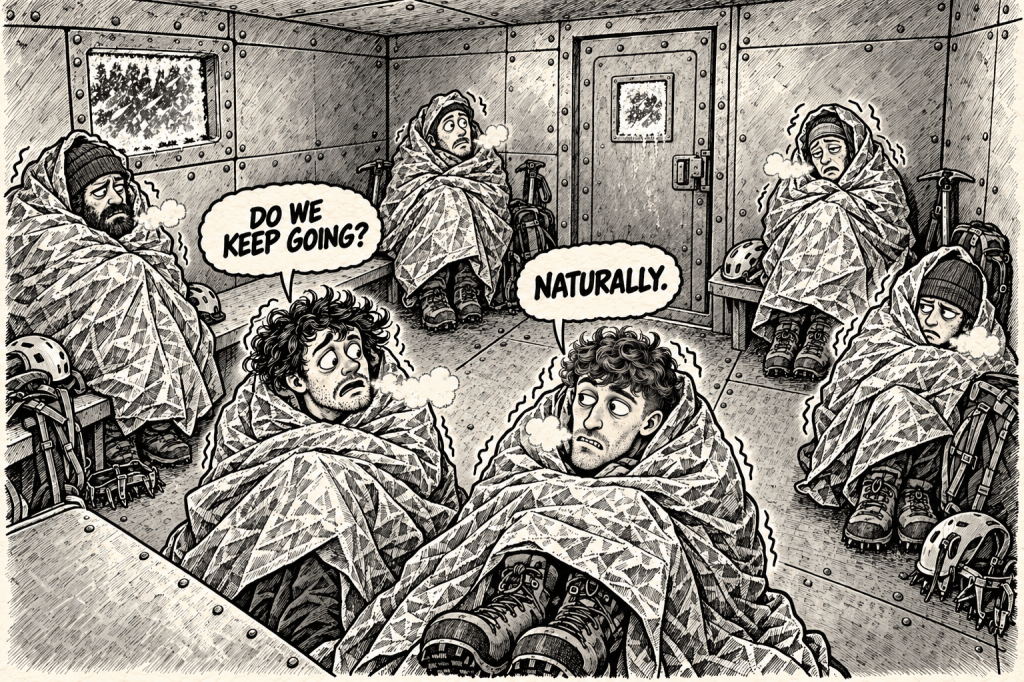 Comic illustration of climbers shivering under blankets inside the Vallot shelter