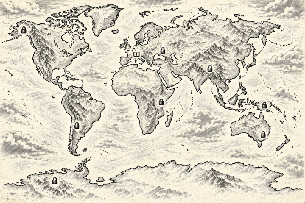 Illustrated world map marking the mountains in a nine-summit climbing project