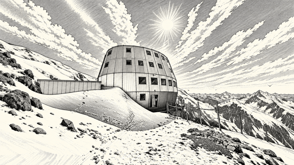 Illustration of the Goûter refuge surrounded by snow and mountain peaks