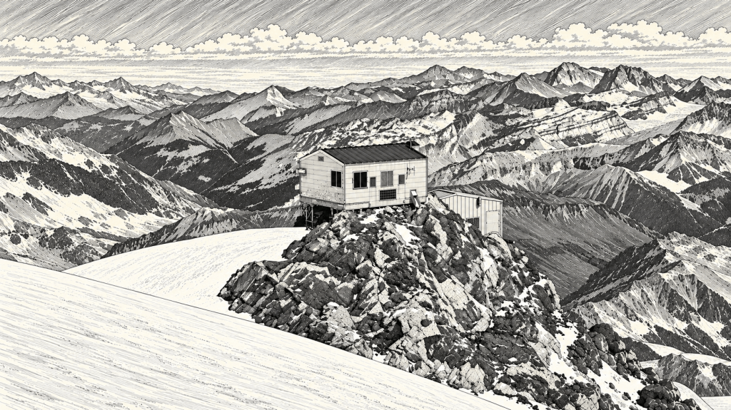 Illustration of the Vallot shelter standing on a snowy ridge high above the mountains