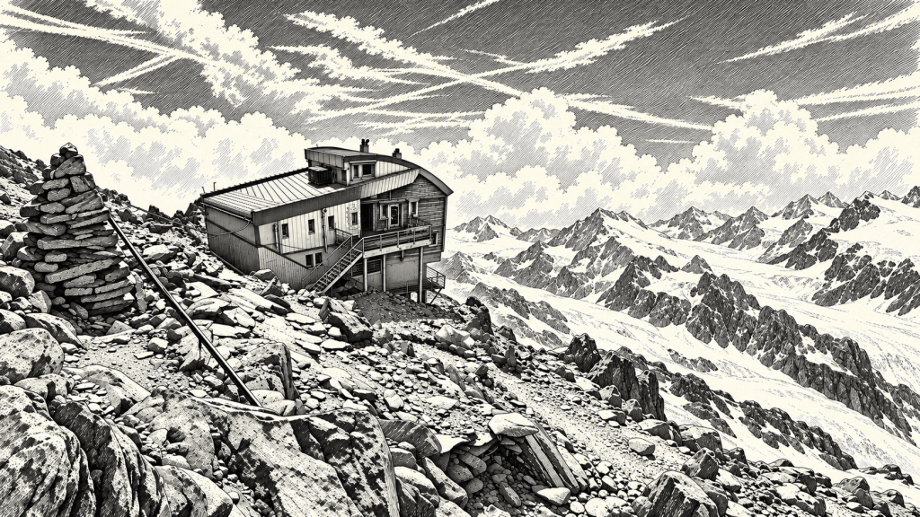 Illustration of the Tête Rousse refuge on the rocky slopes of Mont Blanc