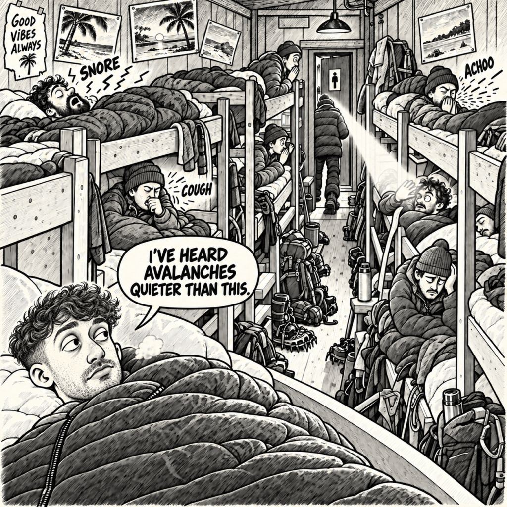 Comic illustration of climbers trying to sleep in a crowded mountain refuge dormitory