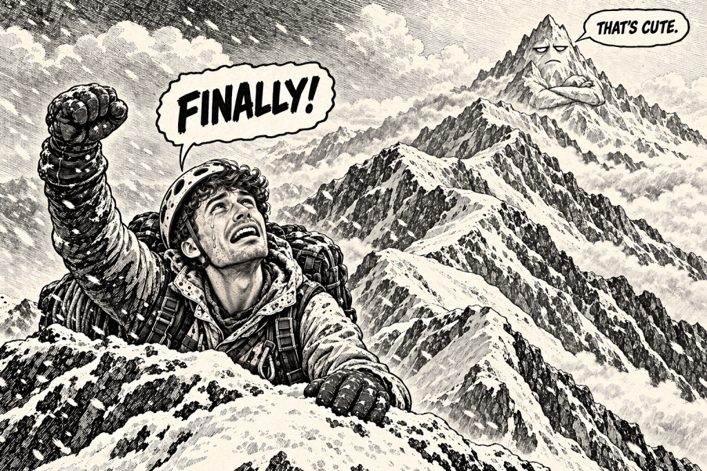 Comic illustration of a climber mistaking a false summit for the top of Mont Blanc