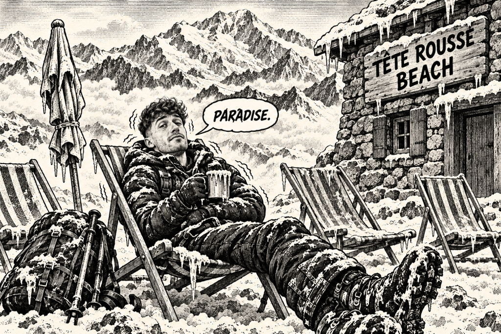 Comic illustration of a climber relaxing in a deckchair at the snowy Tête Rousse Beach