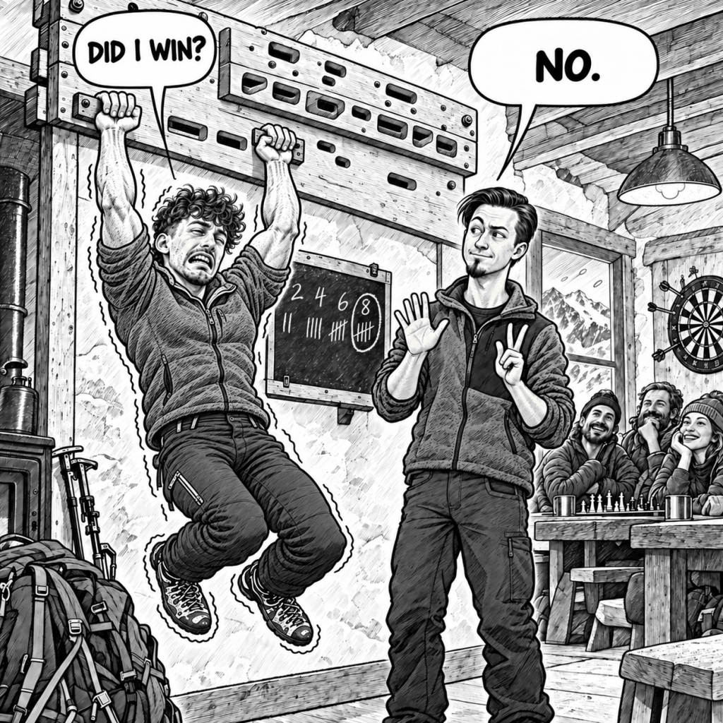 Comic illustration of two climbers competing in pull-ups inside the Goûter refuge