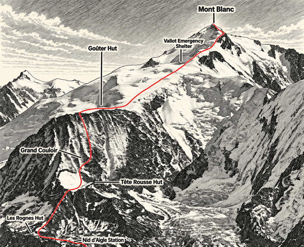 Illustrated map of the Mont Blanc route via Tête Rousse, Goûter and Vallot