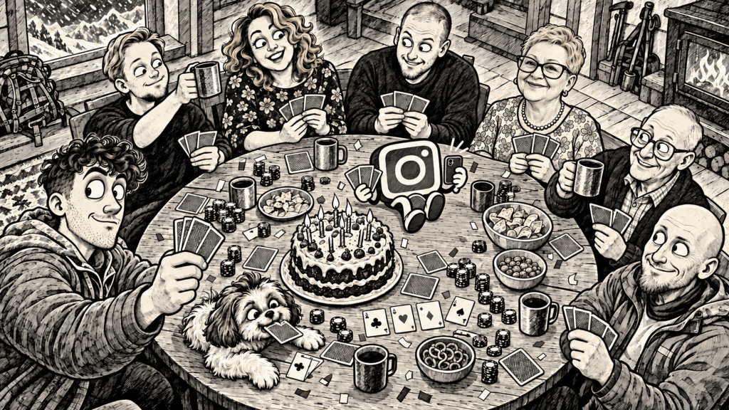 Comic illustration of climbers celebrating their Mont Blanc ascent around a table
