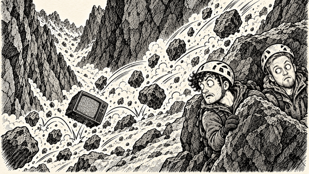 Comic illustration of two climbers sheltering as rocks fall through the Grand Couloir
