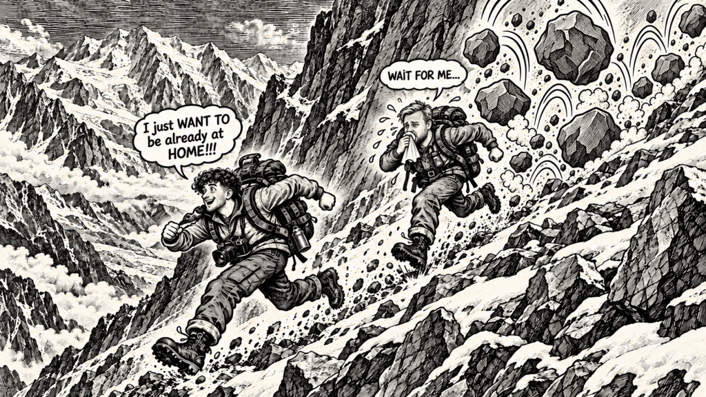 Comic illustration of climbers descending steep rocky terrain on the Goûter route