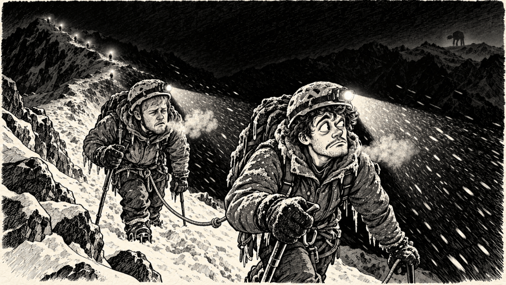 Illustration of climbers ascending a snowy slope at night by headlamp