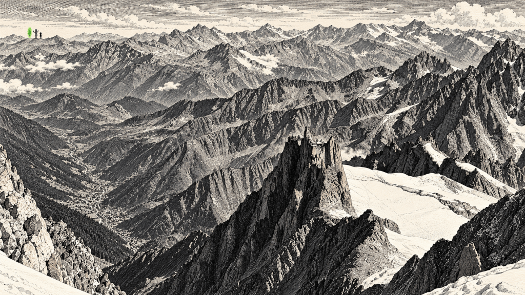 Illustration of mountain ranges and glaciers seen from the summit of Mont Blanc