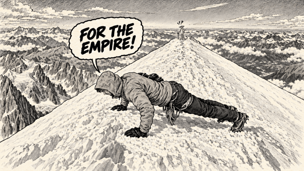 Comic illustration of a climber doing push-ups on the snowy summit of Mont Blanc