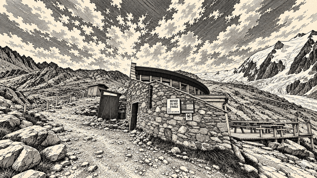 Illustration of the Nid d’Aigle refuge beside the mountain tram line