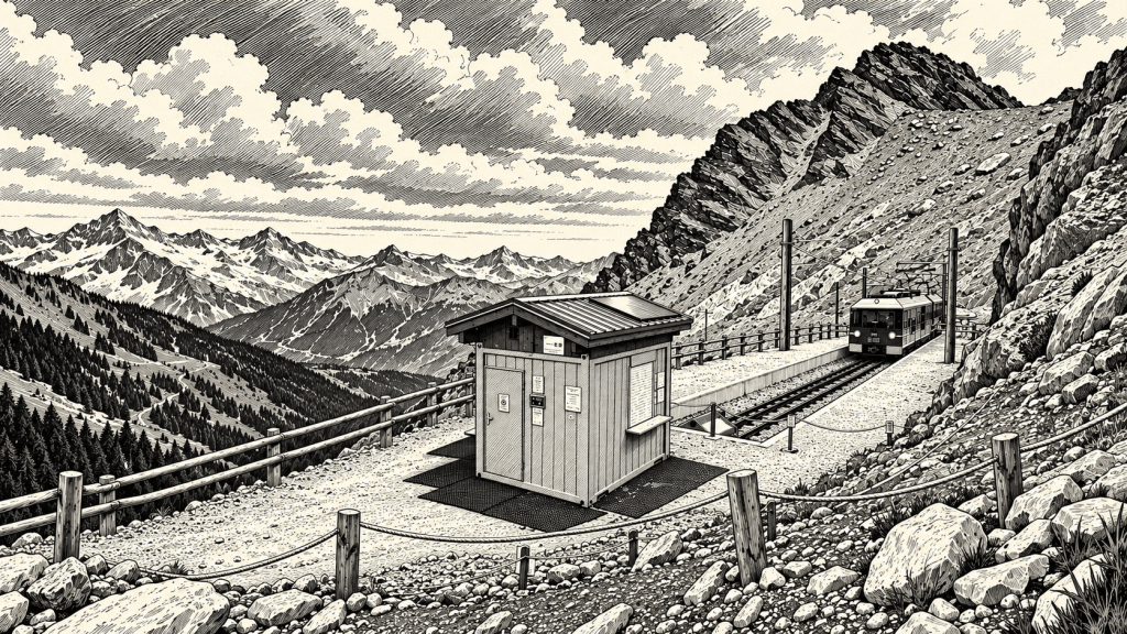 Illustration of the Nid d’Aigle tram station surrounded by mountains