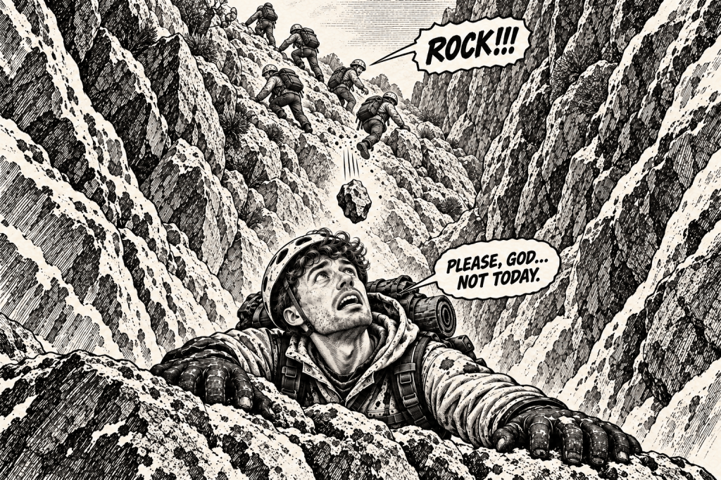 Comic illustration of a falling rock passing close to a climber on the Goûter route